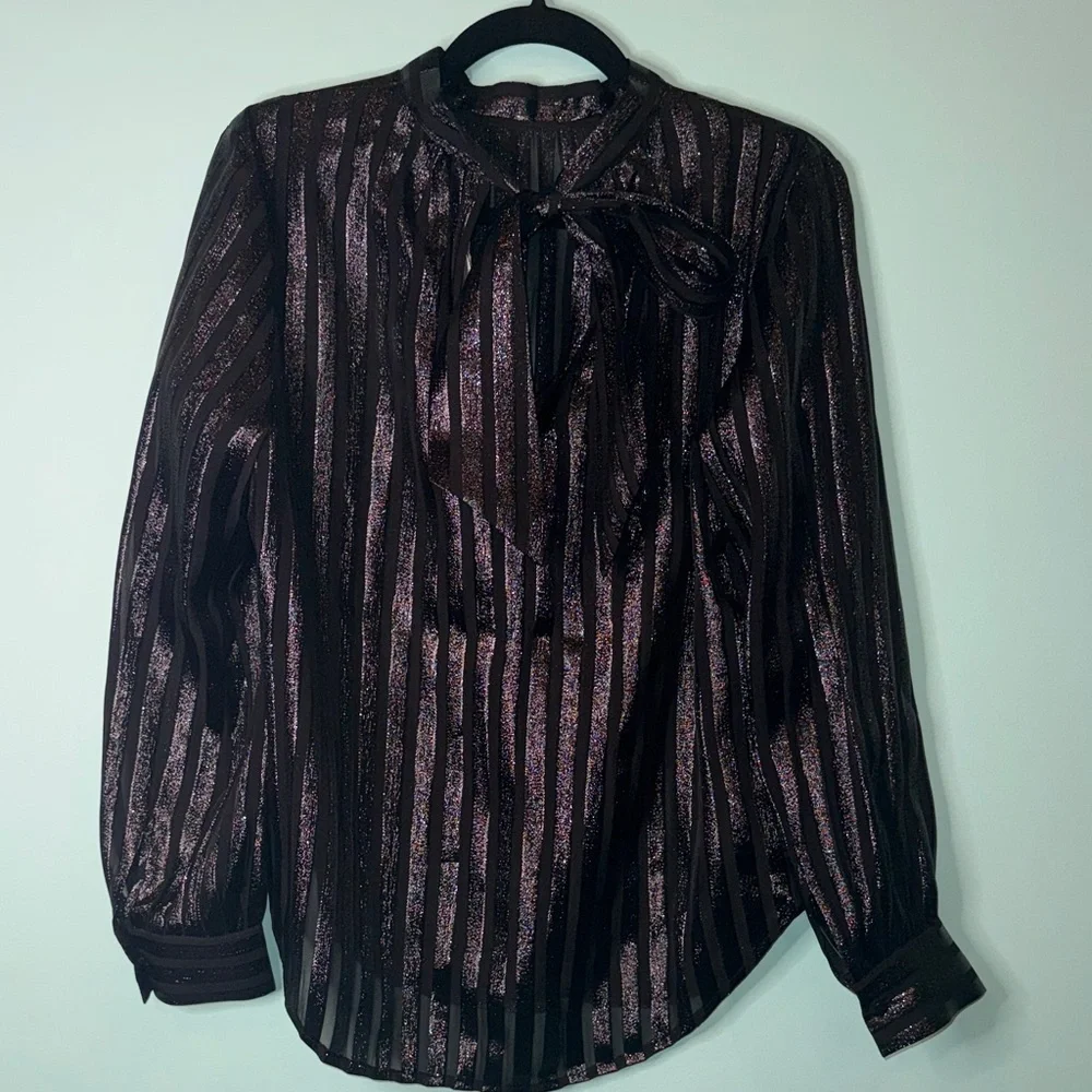 NWT J.Crew Black Metallic Stripe Tie-Neck Blouse Sz S - Picture 2 of 9